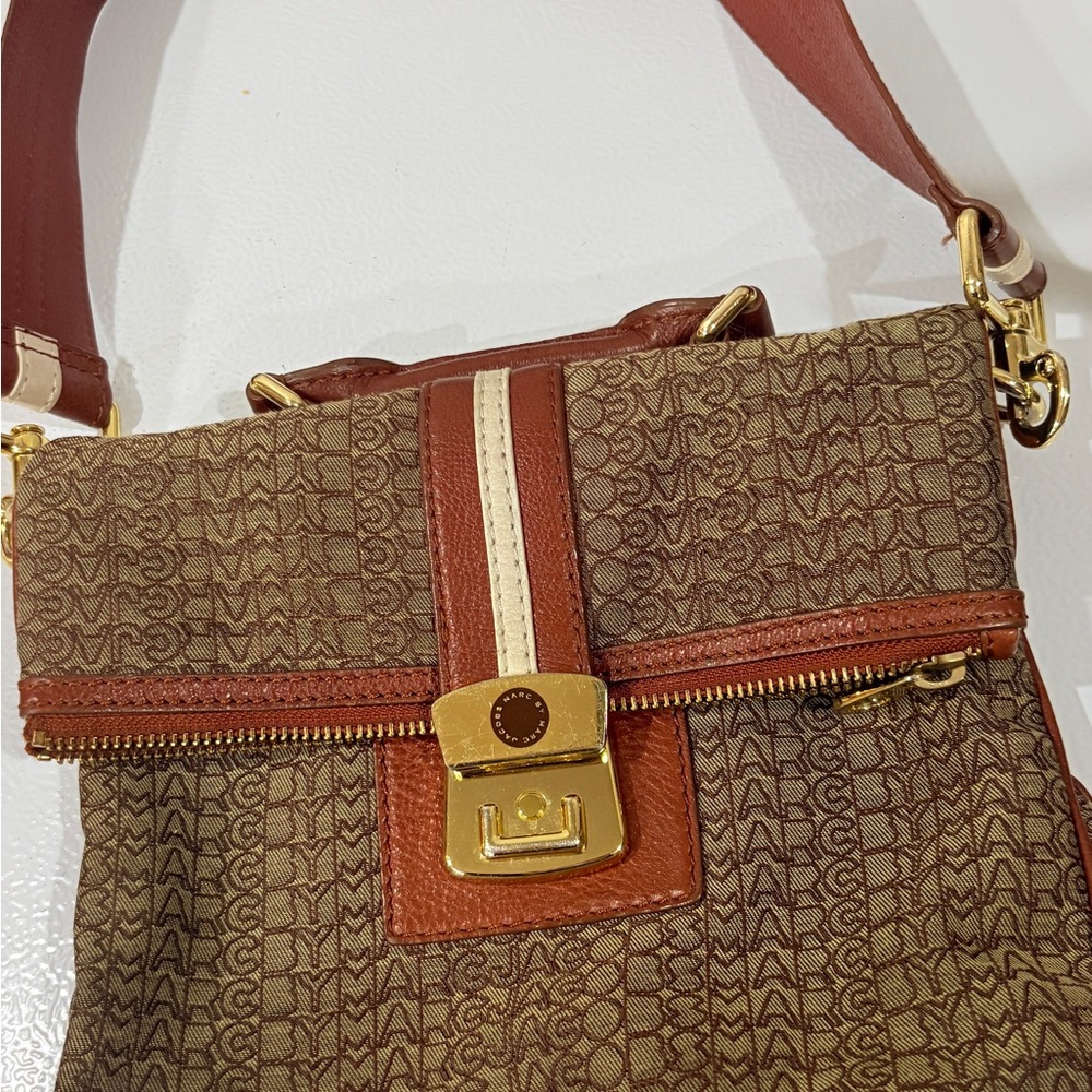 Marc Jacobs Brown Monogram Crossbody Bag with Gold Hardware hard to find 14*10
